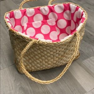 Rattan beach tote w polka dot lining